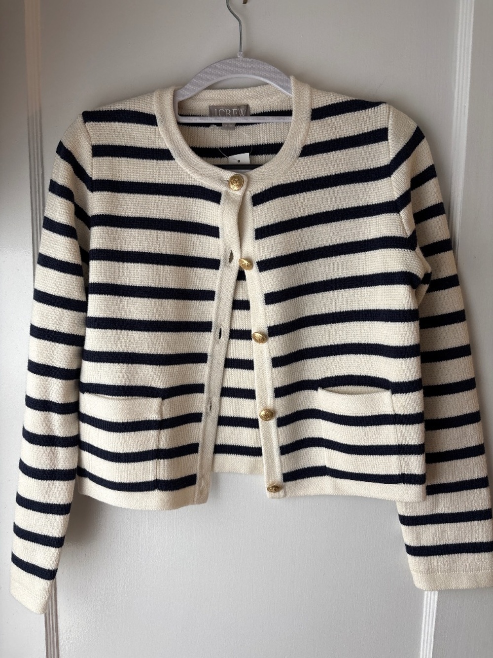 JCrew Emilie patch pocket sweater lady jacket, Stripe White and navy, Sz XS, NWT
